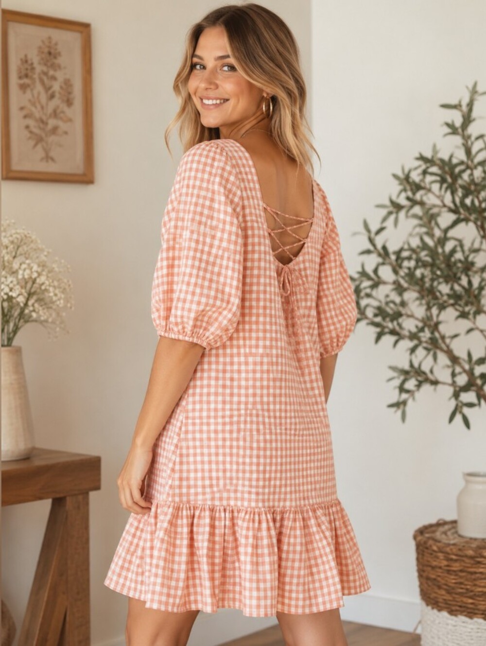 Maison tara Gingham Women's Ruffle Hem Square Neck Dress - Peach/White Size 8
